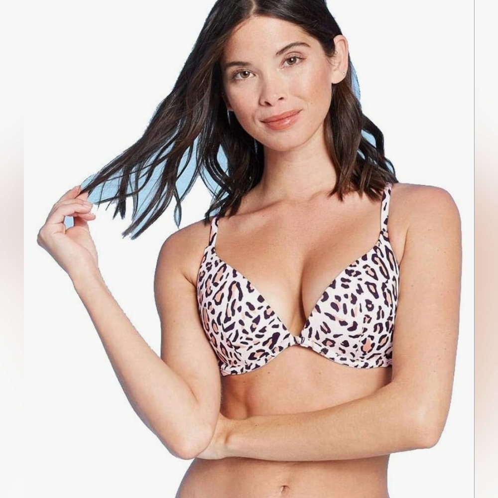 Shade & Shore Leopard Plunge Bikini Top Hook & Tie Back Lightly Padded Size 36C